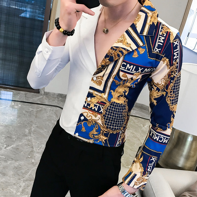 Luxury Black Gold Shirt 2019 Autumn Baroque Men Shirt Long Sleeve Patchwork  Casual Shirt Men Slim Fit Print Party Club Shirt