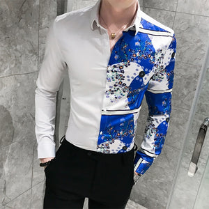 Luxury Black Gold Shirt 2019 Autumn Baroque Men Shirt Long Sleeve Patchwork  Casual Shirt Men Slim Fit Print Party Club Shirt