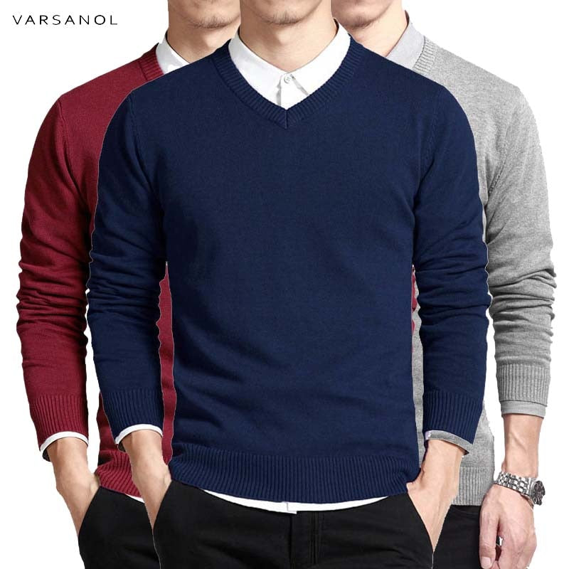 Varsanol suéter de algodón para hombre, jerseys de manga larga, prendas de vestir para hombre, suéteres con cuello en V, Tops, ropa de punto holgada y sólida, 8 colores nuevos