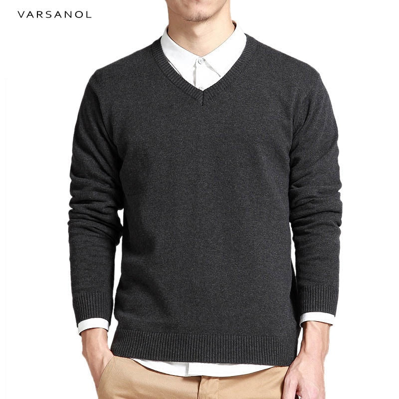Varsanol suéter de algodón para hombre, jerseys de manga larga, prendas de vestir para hombre, suéteres con cuello en V, Tops, ropa de punto holgada y sólida, 8 colores nuevos