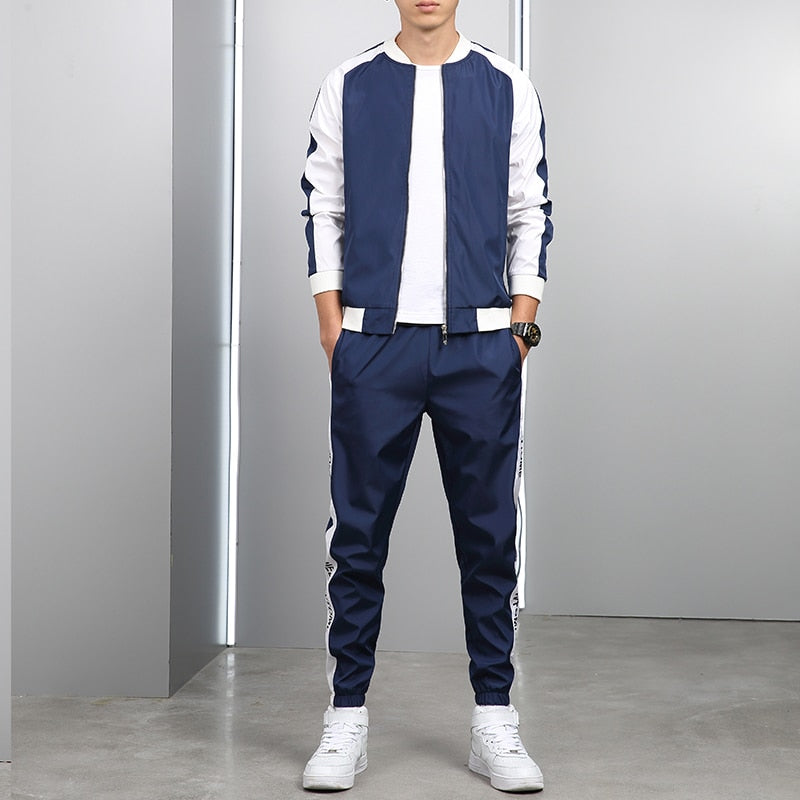 Conjunto de chándal deportivo para hombre, ropa deportiva de Hip Hop, sudadera de dos piezas, pantalón de chándal, chándal para hombre, negro, blanco y gris