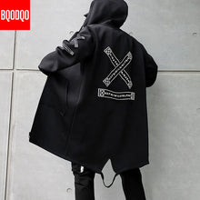 Load image into Gallery viewer, Winter Slim Long Trench Coat Men Letter Print Military Style Hooded Overcoat Black Hip Hop Streetwear Autumn Korean Mens Jacket
