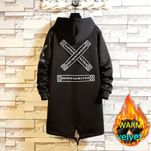 Load image into Gallery viewer, Winter Slim Long Trench Coat Men Letter Print Military Style Hooded Overcoat Black Hip Hop Streetwear Autumn Korean Mens Jacket
