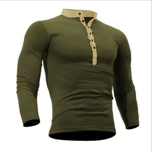 Blusa fina de otoño 2019 para hombre, camiseta ajustada de manga larga con cuello en V, camisetas informales, camisetas Henley de color sólido