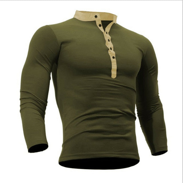 Blusa fina de otoño 2019 para hombre, camiseta ajustada de manga larga con cuello en V, camisetas informales, camisetas Henley de color sólido