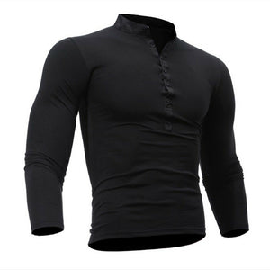 Blusa fina de otoño 2019 para hombre, camiseta ajustada de manga larga con cuello en V, camisetas informales, camisetas Henley de color sólido