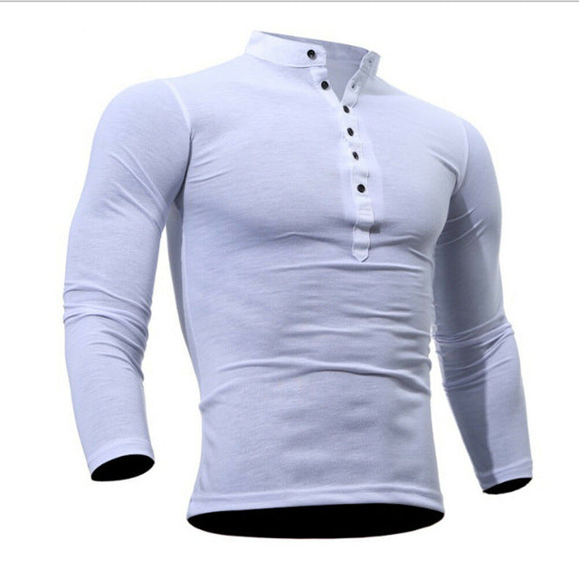 Blusa fina de otoño 2019 para hombre, camiseta ajustada de manga larga con cuello en V, camisetas informales, camisetas Henley de color sólido