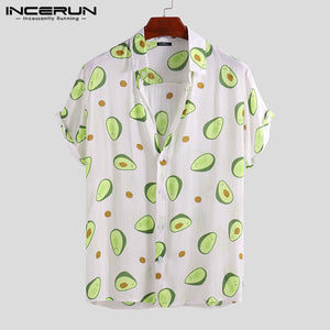 INCERUN Summer Avocado Print Men Shirt Turn-down Collar Short Sleeve Casual Beach Hawaiian Shirts Men Streetwear Camisa 2019 5XL
