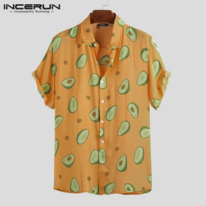 INCERUN Summer Avocado Print Men Shirt Turn-down Collar Short Sleeve Casual Beach Hawaiian Shirts Men Streetwear Camisa 2019 5XL