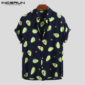 INCERUN Summer Avocado Print Men Shirt Turn-down Collar Short Sleeve Casual Beach Hawaiian Shirts Men Streetwear Camisa 2019 5XL