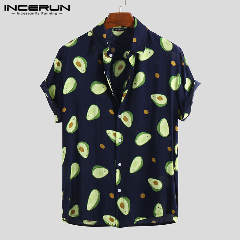 INCERUN Summer Avocado Print Men Shirt Turn-down Collar Short Sleeve Casual Beach Hawaiian Shirts Men Streetwear Camisa 2019 5XL
