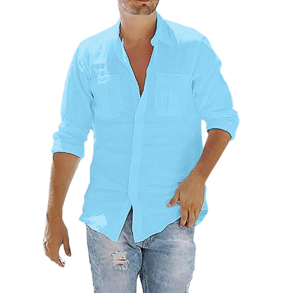 Plus Size Men's Baggy Cotton Linen Pocket Solid Long Sleeve Retro Shirts Tops Blouse hawaiian camisa masculina camisas hombre