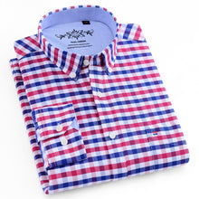 Load image into Gallery viewer, Men&#39;s Long Sleeve Plaid/Striped Oxford Dress Shirt Single Patch Pocket with Box-pleated Back Yoke Regular-fit Button Down Shirts
