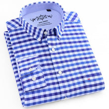 Load image into Gallery viewer, Men&#39;s Long Sleeve Plaid/Striped Oxford Dress Shirt Single Patch Pocket with Box-pleated Back Yoke Regular-fit Button Down Shirts
