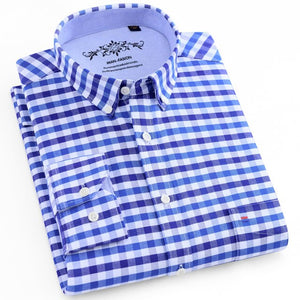 Men's Long Sleeve Plaid/Striped Oxford Dress Shirt Single Patch Pocket with Box-pleated Back Yoke Regular-fit Button Down Shirts