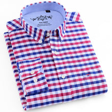 Load image into Gallery viewer, Men&#39;s Long Sleeve Plaid/Striped Oxford Dress Shirt Single Patch Pocket with Box-pleated Back Yoke Regular-fit Button Down Shirts
