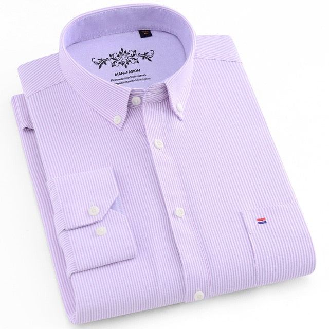 Men's Long Sleeve Plaid/Striped Oxford Dress Shirt Single Patch Pocket with Box-pleated Back Yoke Regular-fit Button Down Shirts