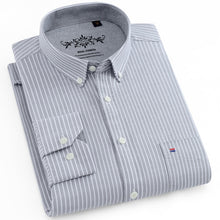 Load image into Gallery viewer, Men&#39;s Long Sleeve Plaid/Striped Oxford Dress Shirt Single Patch Pocket with Box-pleated Back Yoke Regular-fit Button Down Shirts
