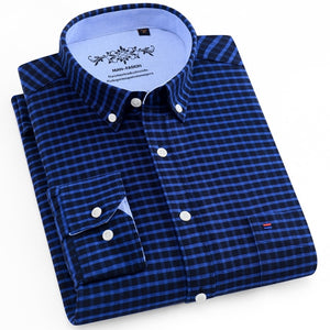 Men's Long Sleeve Plaid/Striped Oxford Dress Shirt Single Patch Pocket with Box-pleated Back Yoke Regular-fit Button Down Shirts