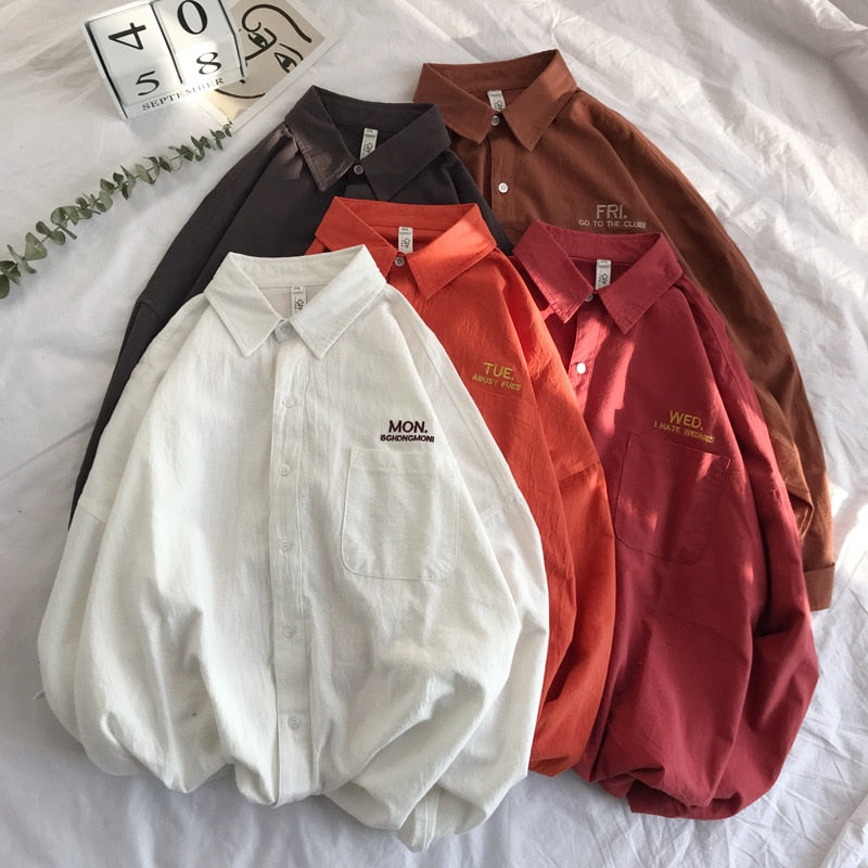 Privathinker, camisa sólida para hombre, manga larga, 2019, moda coreana para hombre, camisa bordada de lunes, ropa de calle para hombre, camisas de primavera para mujer