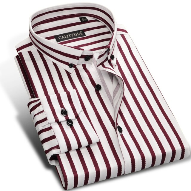 Men's Fashion Color Striped Dress Shirt Long Sleeve Standard-fit Button-down Collar Male Clothes High-quality Casual Shirt