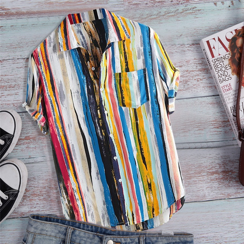 Pocket Shirt Men Summer Short Sleeve Top 2019 Striped Shirts Multicolor Top Men Loose Shirts Blouse Casual Beach shirt