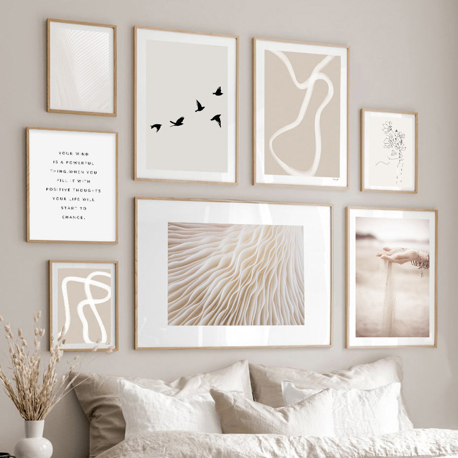 Modern Abstract Boho Beige White Line Wall Art Minimalist Canvas Paintings Posters Print Picture Living Room Home Interior Decor