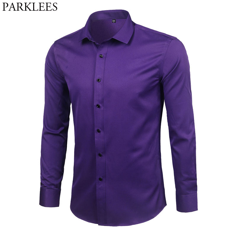 Camisa de vestir púrpura de fibra de bambú para hombre 2018 nueva camisa Formal de manga larga ajustada para hombre sin hierro camisa Formal de fácil cuidado para hombres