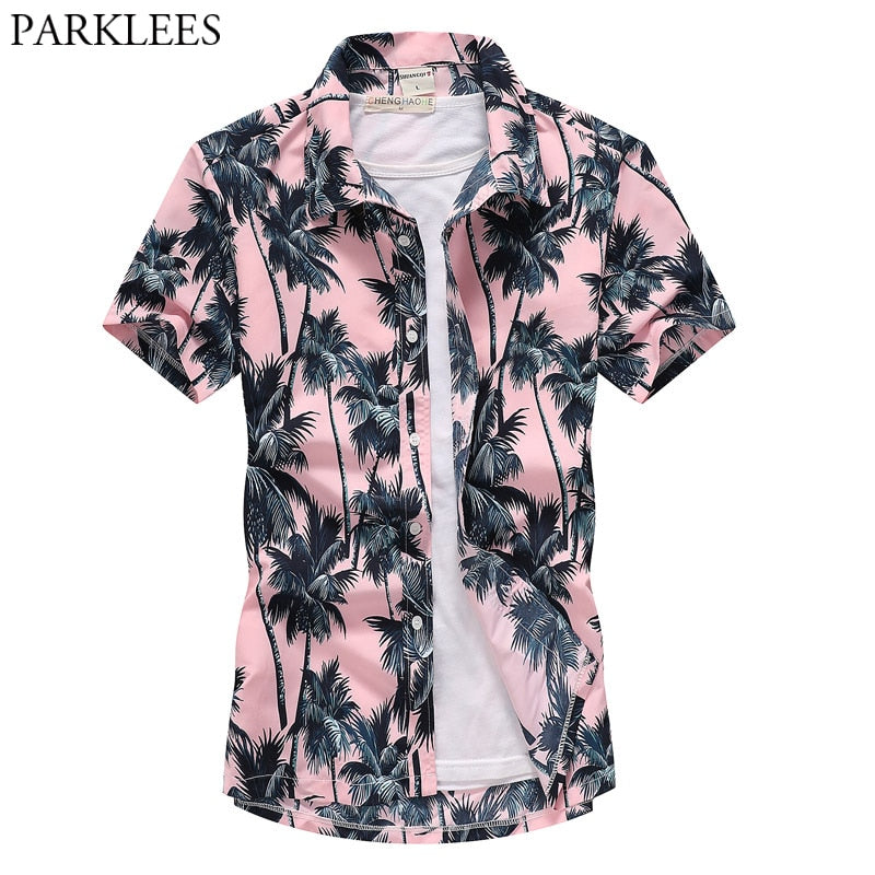 Camisa rosa hawaiana de manga corta para playa para hombre, moda de verano 2019, estampado de palmera Tropical, camisas Aloha para hombre, camisa de fiesta y vacaciones